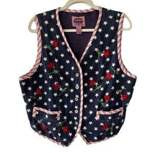 Cambridge Dry Goods Stars Roses Embroidered Red White Blue Button Vest Size XL